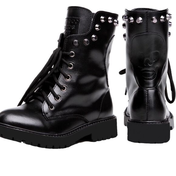 Black Round Toe Mid Calf Punk goth Combat lace up leather Boots lug sole Y2K  7 - Picture 1 of 13